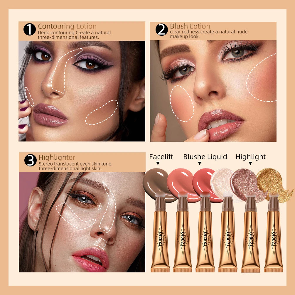 QIBEST Liquid Highlight For Face With Cushion Applicator Natural-looking Cheek Tint Blush Dewy Finish Liquid Contour Makeup