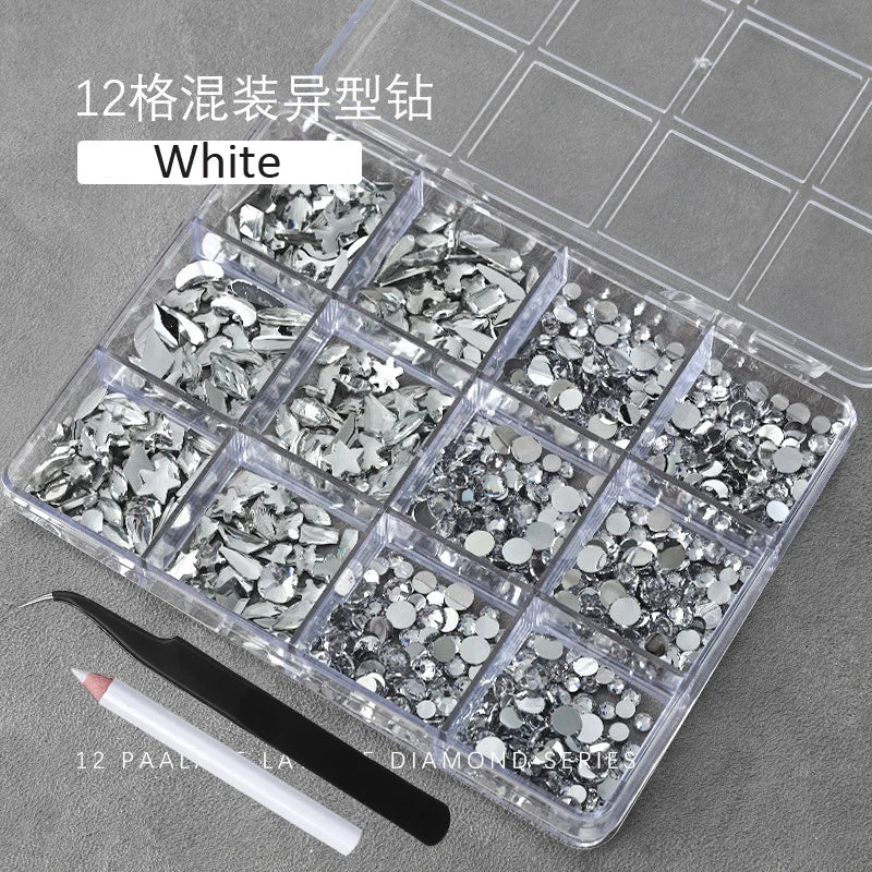 12Grids(400-500pc) 3D White Flat-Back Nail Art Rhinestones Irregular Resin Gems Nail Jewels for Face Eye Makeup Nail Decorations