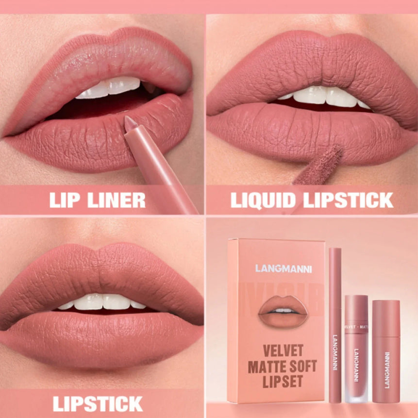 3pcs/Set Long Lasting Waterproof Lip Makeup Kit - Soft Smooth Creamy Lipliner Lipstick & Liquid Velvet Lipstick Set