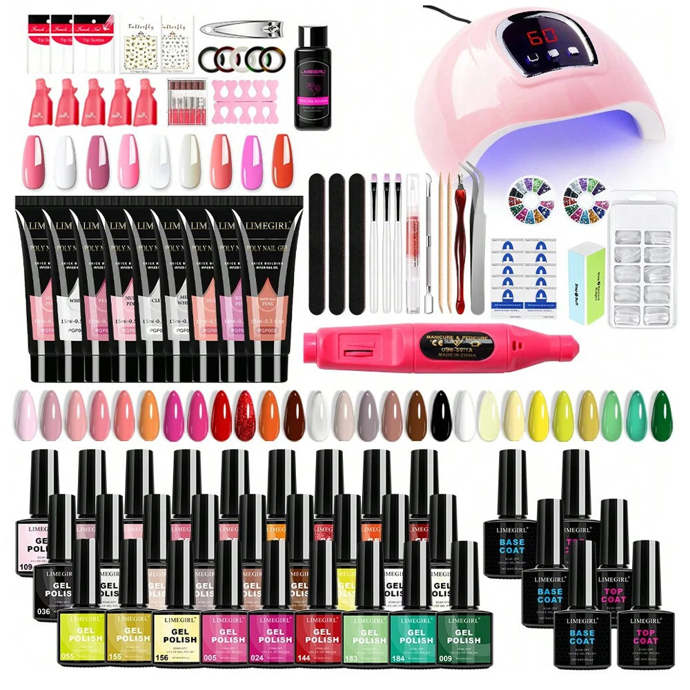LIMEGIRL Gel Nail Polish Set with UV LED Lamp and Nail Drill Semi-Permanent Gel Varnish Kit UV Soak Gel Base Coat Polishing Tool