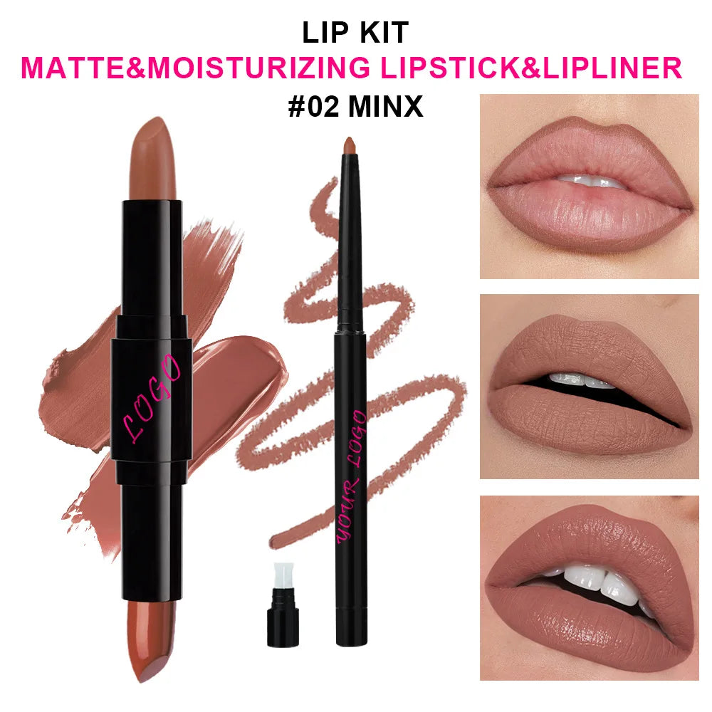 Lipstick with Lip Liner 2-1 Vegan Dual End Two Sides Matte Lipsticks Moist Combined Cosmetic Set