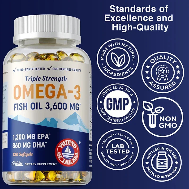 Omega 3 Fish Oil Supplement Omega-3, EPA and DHA, Relieve Brain and Joint Fatigue, Support Bone and Heart Health - 120 Capsules