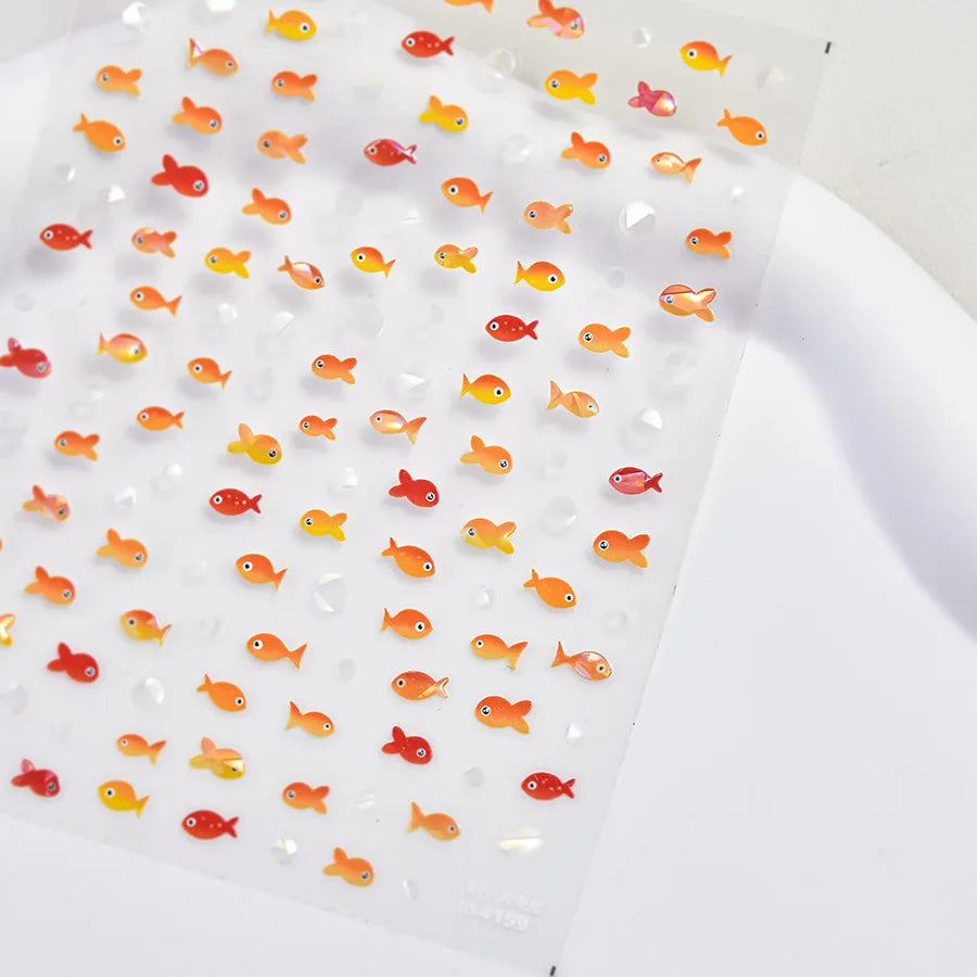 Goldfish Cavort Water Grass Lotus Flower Leaf Brocaded Carp Koi Ripple Droplet Water Bubbles 5D Nail Art Stickers Manicure Decal