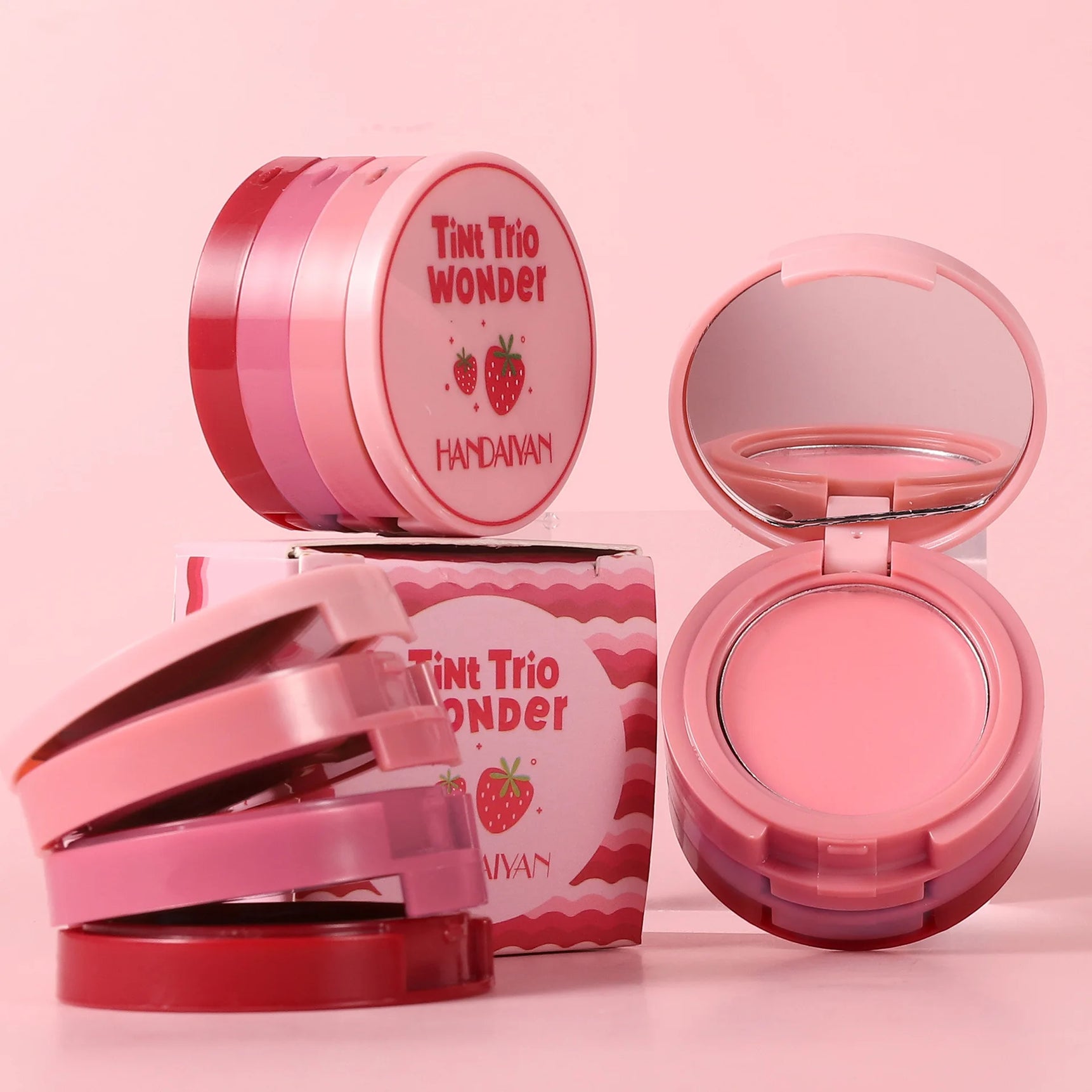HANDAIYAN 3-in-1 Multi-Color Matte Blush Tray Folding 3-Color Velvet Mousse Lip Mud Natural