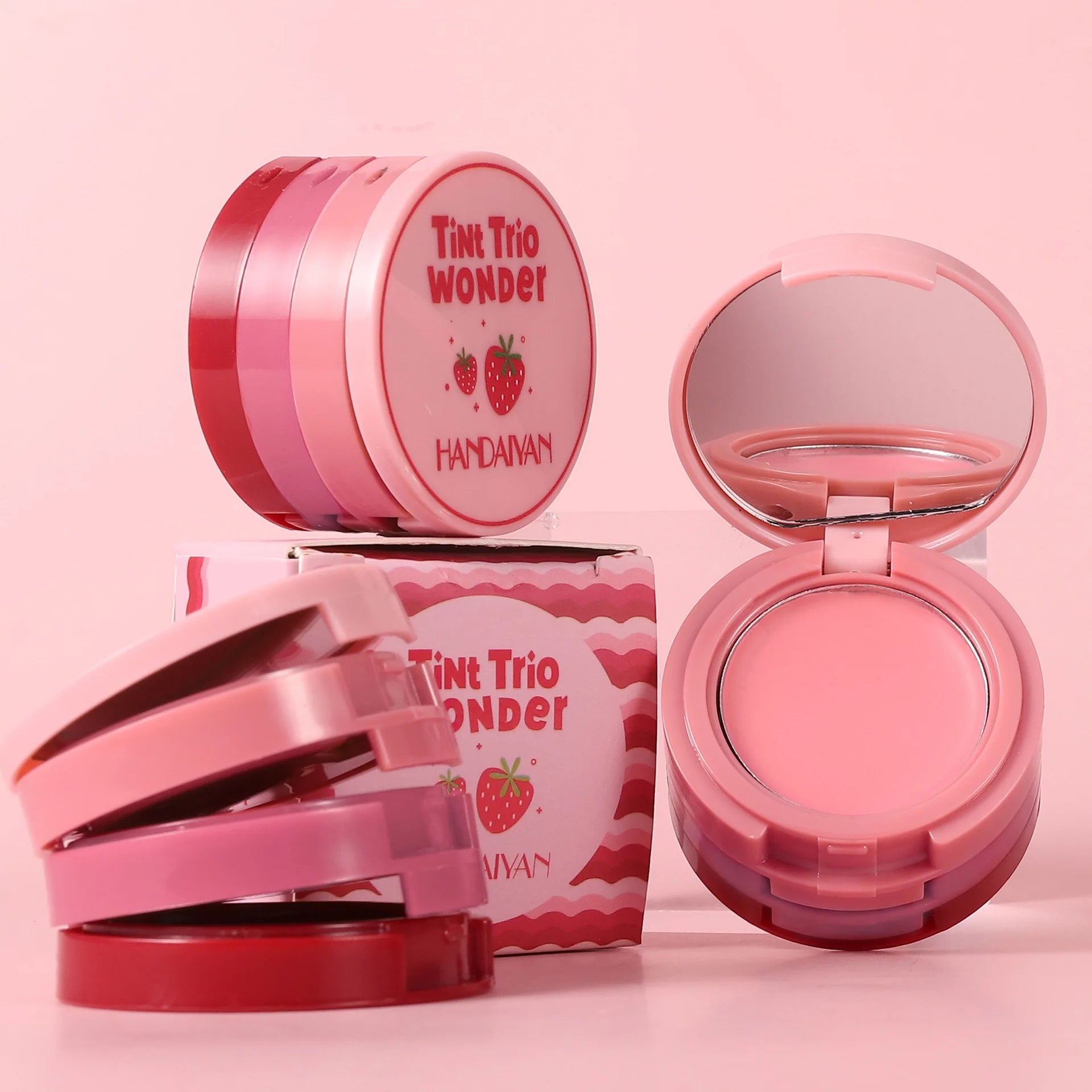HANDAIYAN 3-in-1 Multi-Color Matte Blush Tray Folding 3-Color Velvet Mousse Lip Mud Natural