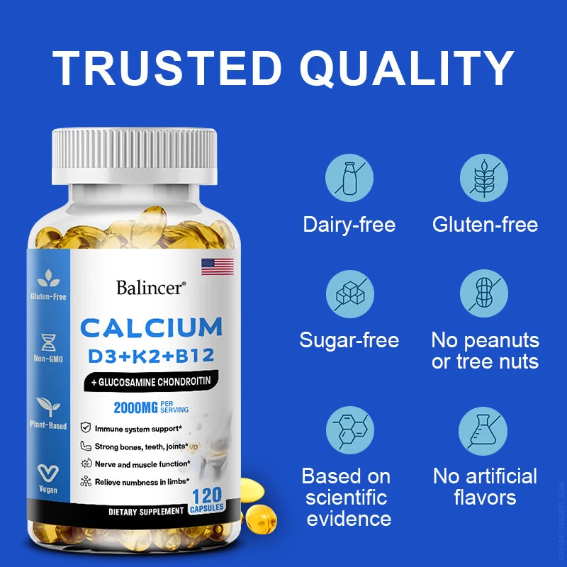 Calcium Supplement with Vitamins D3+K2+B12 Supports Nerve and Muscle Function, Heart Health and Immunity