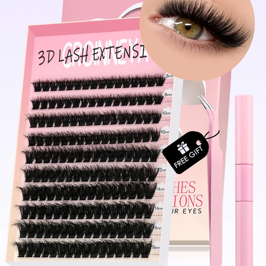 GROINNEYA DIY Lash Kit 10-18mm Manga Lashes Mixed Tray Lash Clusters Individual Eyelashes Kit with Lash Bond DIY Lashes