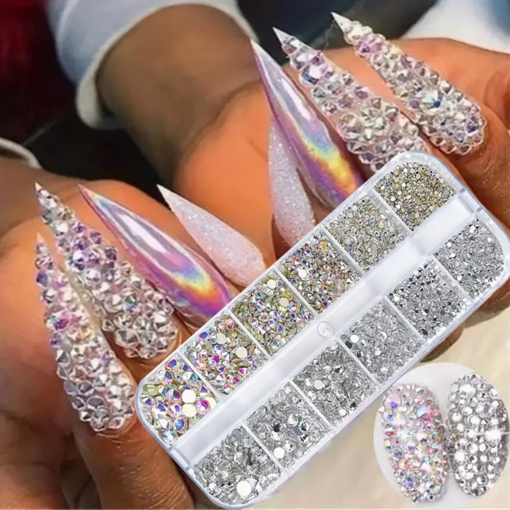 12Grids Pink Mixed Nail Rhinestones Luxury Nail Charms Glitter Crystal Jewelry Gems Nail Art Decoration Manicure Rhinestones
