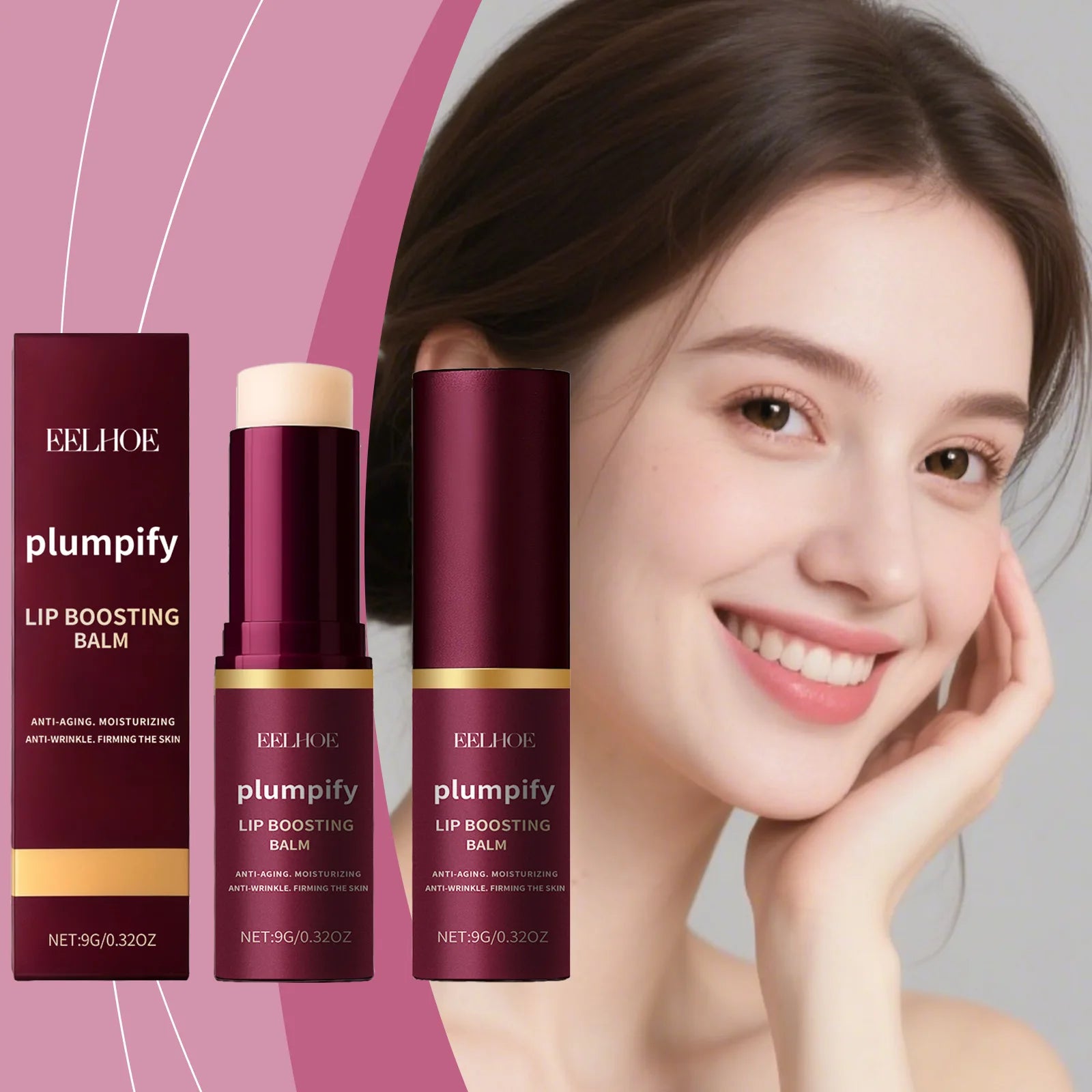 Plumping Lip Balm: Moisturizes and softens lips with a silky, non-sticky texture, ideal for daily care.