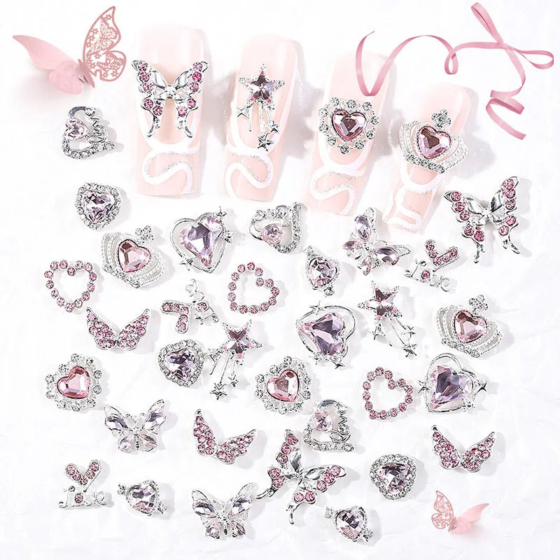 30Pcs Pink Nail Charms Alloy Rhinestones 3D Star Butterfly Heart Cross Gem Nails Crystal Diamond Nail Art Decoration Accessories