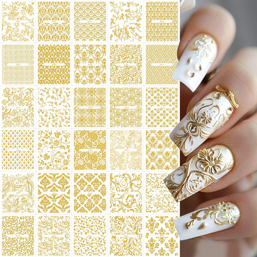 30 Sheets Gold Metallic Flowers Vine Nail Art Decals  3D Lace Flower Nail Sticker Self-Adhesive Nail Art Decoration 5.5*6.5cm