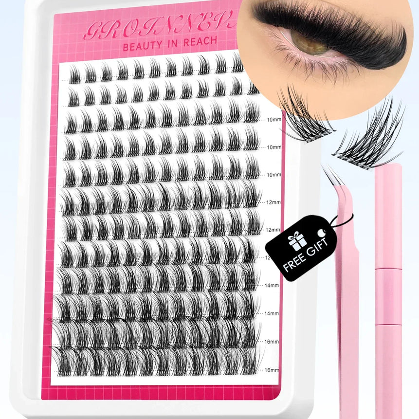GROINNEYA Lash Clusters Kit Fluffy Individual Lashes C Curl Cluster DIY Lash Extension Kit Lash Bond and Seal Eyelash Extensions
