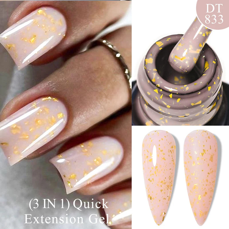 MEET ACROSS 7ml Gold Foil 3 In 1Quick Extension Gel Nail Polish Nude Pink Gold Milky White Glitter UV Gel Finger Prolong Varnish