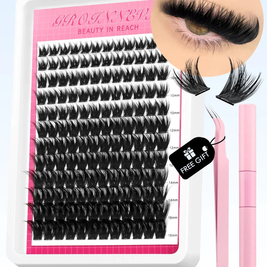 GROINNEYA Lash Clusters Kit Fluffy Individual Lashes C Curl Cluster DIY Lash Extension Kit Lash Bond and Seal Eyelash Extensions