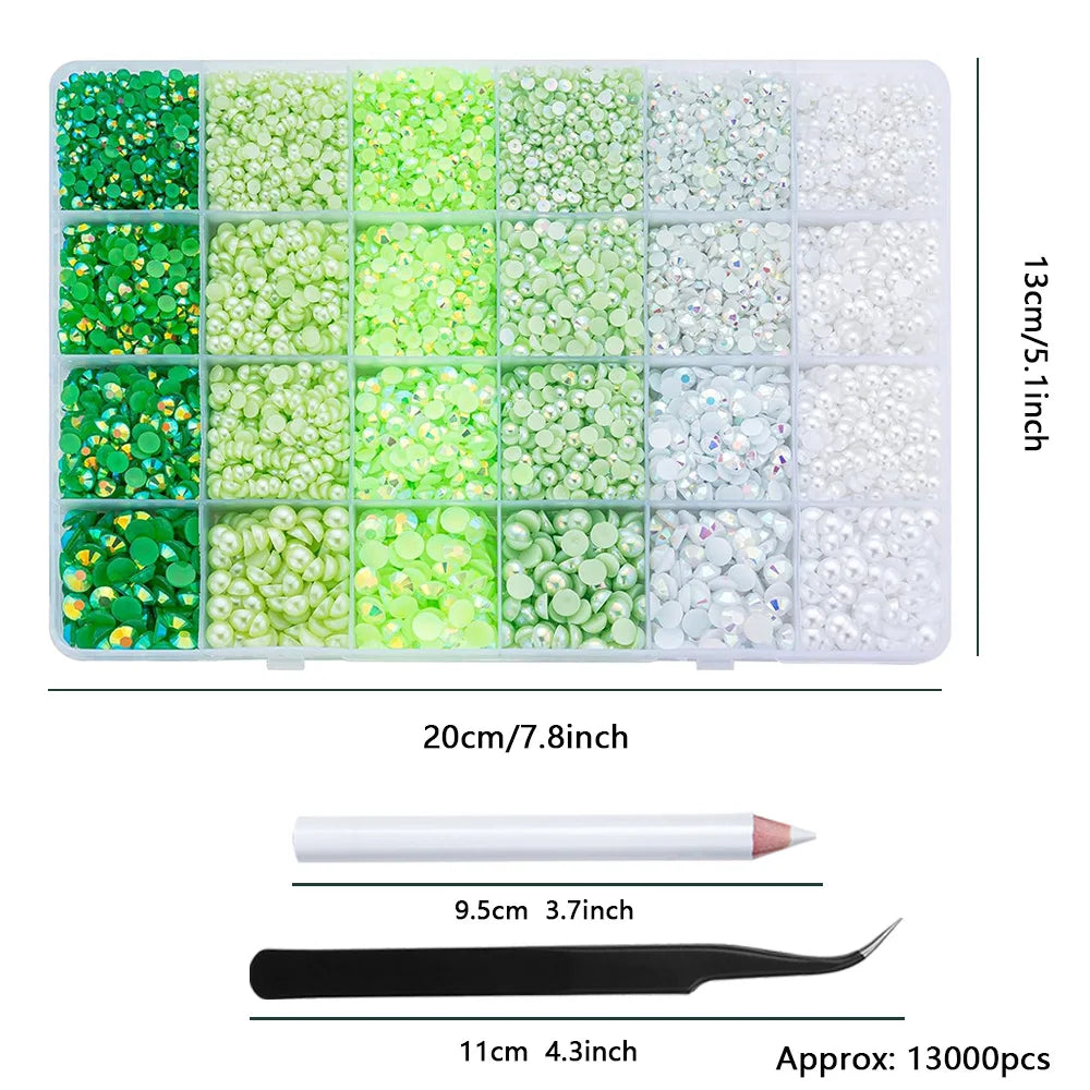 12000PCS Green Flat Back Pearl Rhinestones, Resin Rhinestones for Crafts, Shoes, Nails, Face Art with Tweezer Crayon