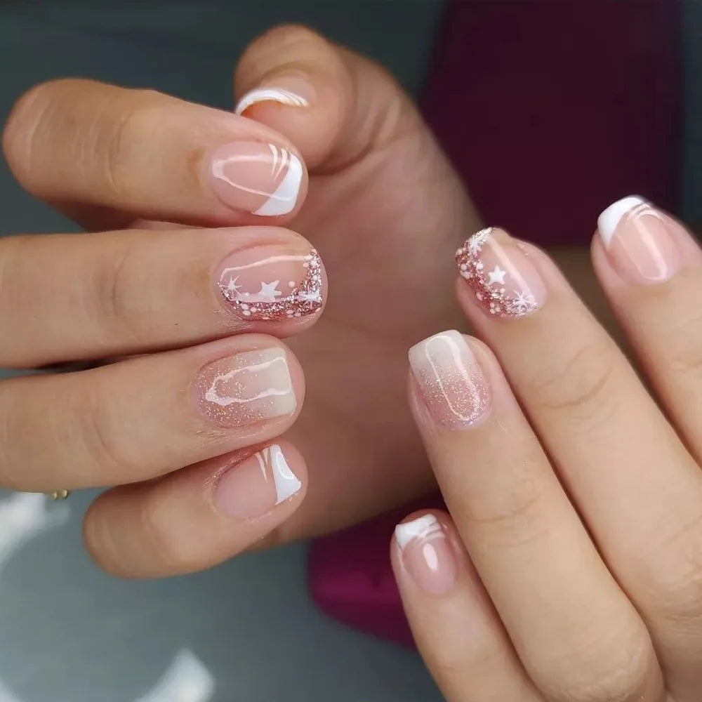 24Pcs Medium Short Square False Nails Glittering Nail Art White Wearable Fake Nail Silver French Full Cover Press on Nail Tips