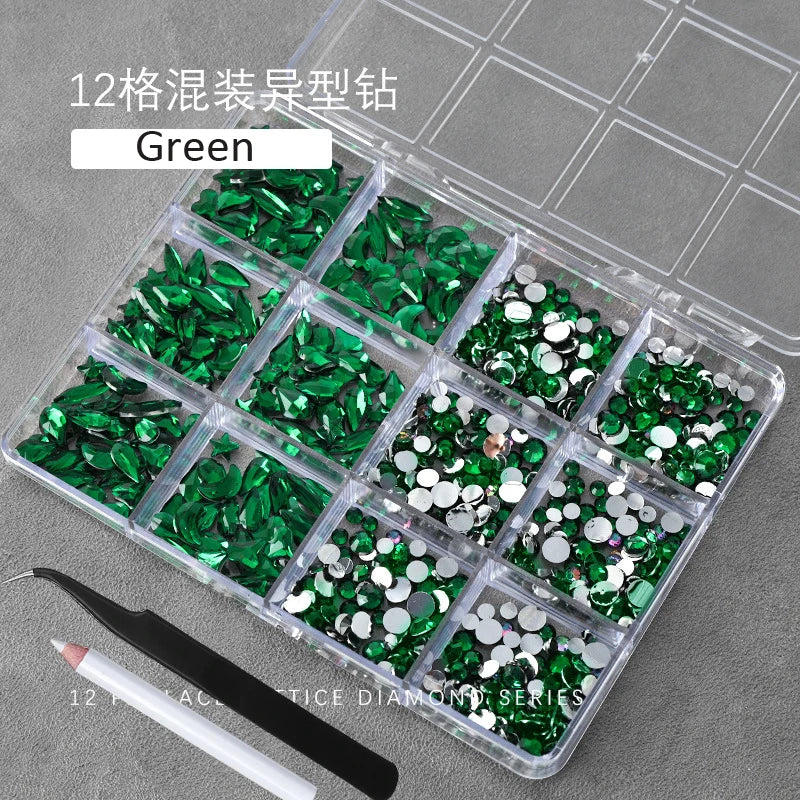 12Grids(400-500pc) 3D White Flat-Back Nail Art Rhinestones Irregular Resin Gems Nail Jewels for Face Eye Makeup Nail Decorations