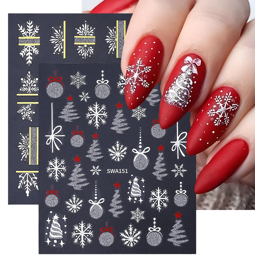 2pcs Sparkle Silver Winter Nail Sticker Geometry Snowflakes Xmas Tree Decorative Balls Adhesive Sliders Christmas Manicure Decal