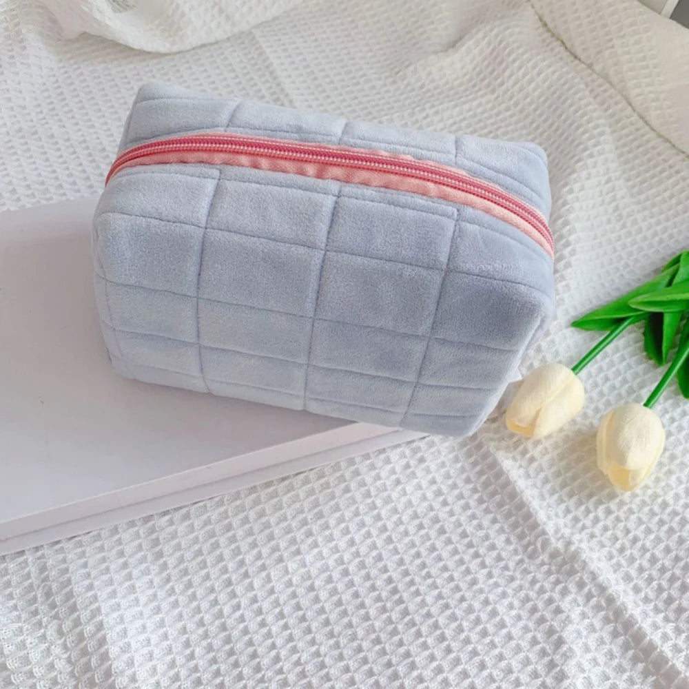 Cute Soft Plush Small Cosmetic Bag Portable Travel Pouch Solid Color Zipper Toiletry Storage Organizer for Women Makeup Bag