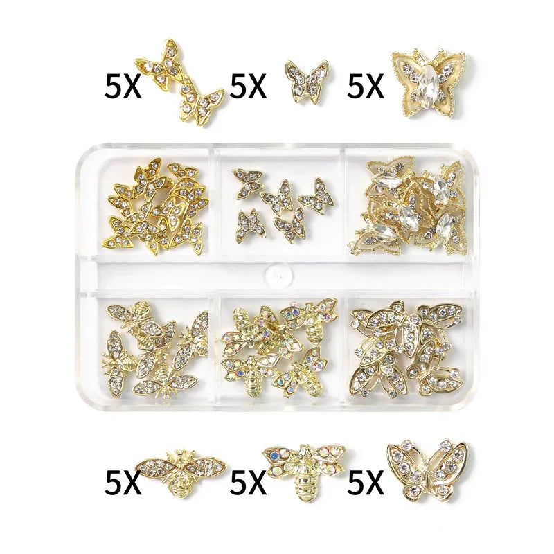 30Pcs Pink Nail Charms Alloy Rhinestones 3D Star Butterfly Heart Cross Gem Nails Crystal Diamond Nail Art Decoration Accessories
