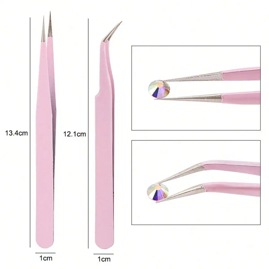 2pcs/Set Stainless Steel Pink Tweezers For Nail Art, Straight & Bend Tip For Eyelash Extension, Drawing & Picking