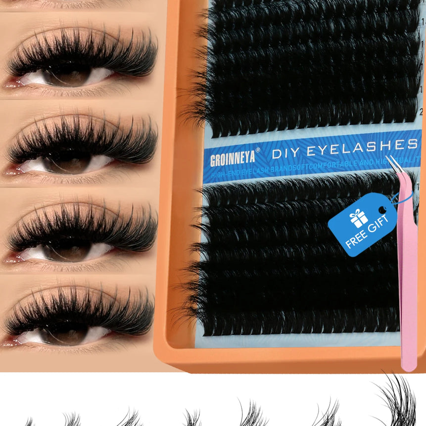 GROINNEYA Cluster Lashes Kit Individual Lashes Volume Mixed Tray 3D Faux Mink Lashes Wispy Eyelash Extension Makeup