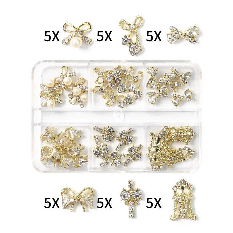 30Pcs Pink Nail Charms Alloy Rhinestones 3D Star Butterfly Heart Cross Gem Nails Crystal Diamond Nail Art Decoration Accessories