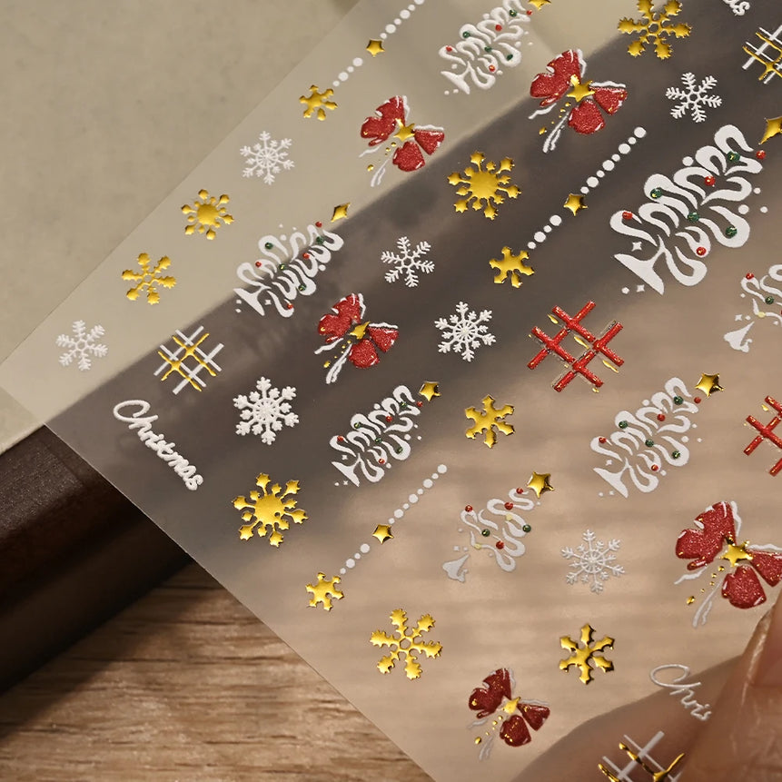 5D Red Bowknot/Gold Snowflakes/Christmas Tree Nail Stickers Cute White Snowflake Bow Christmas Nail Decals New Year Nail Supplie