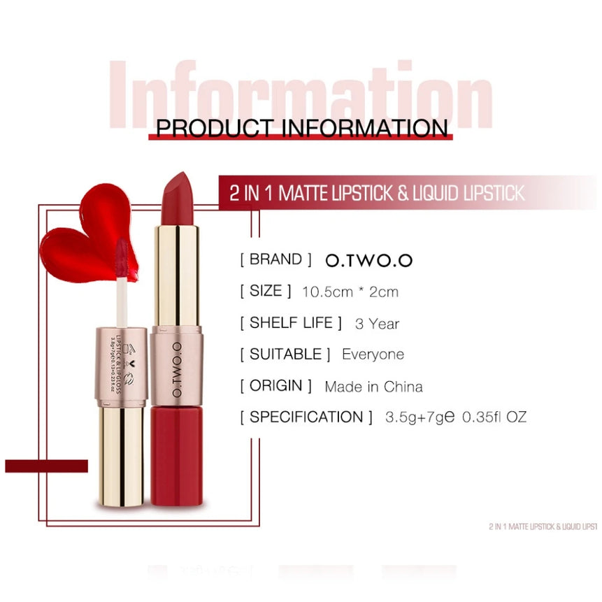 O.TWO.O 2 IN 1 Matte Lipstick&Liquid Lipstick 12 Colors Makeup Lip Glaze Waterproof Batom Lip Cosmetics Silky Texture
