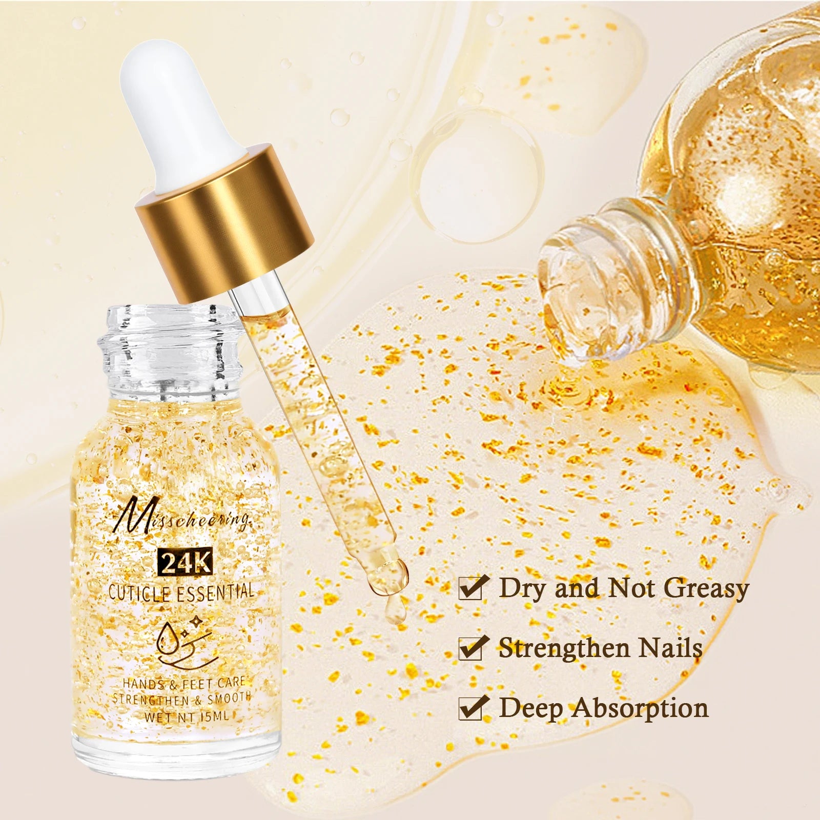 15ML Nail Cuticle Nutrient Oil 24k Gold Foil Cuticle Essence Nail Care Nutrition Oil Treatment  Strengthen Bright for Nails&Foot