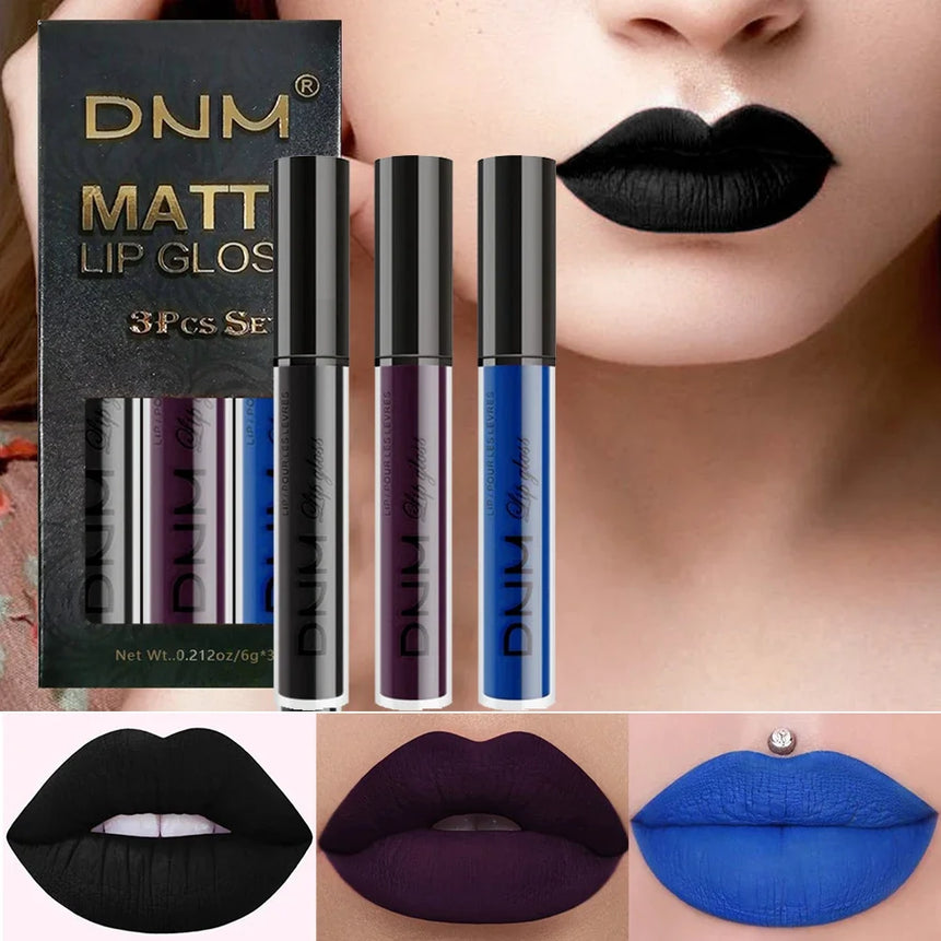 3pcs/set Liquid Lipstick Waterproof Long Lasting Cosmetic Black Blue Purple Green Matte Lip Gloss Nude Lip Tint Stain Makeup Set