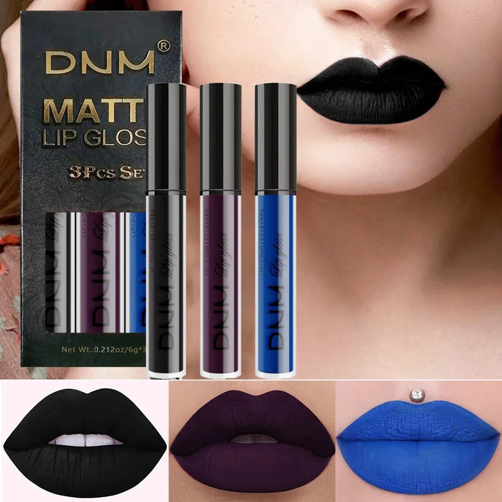 3pcs/set Liquid Lipstick Waterproof Long Lasting Cosmetic Black Blue Purple Green Matte Lip Gloss Nude Lip Tint Stain Makeup Set