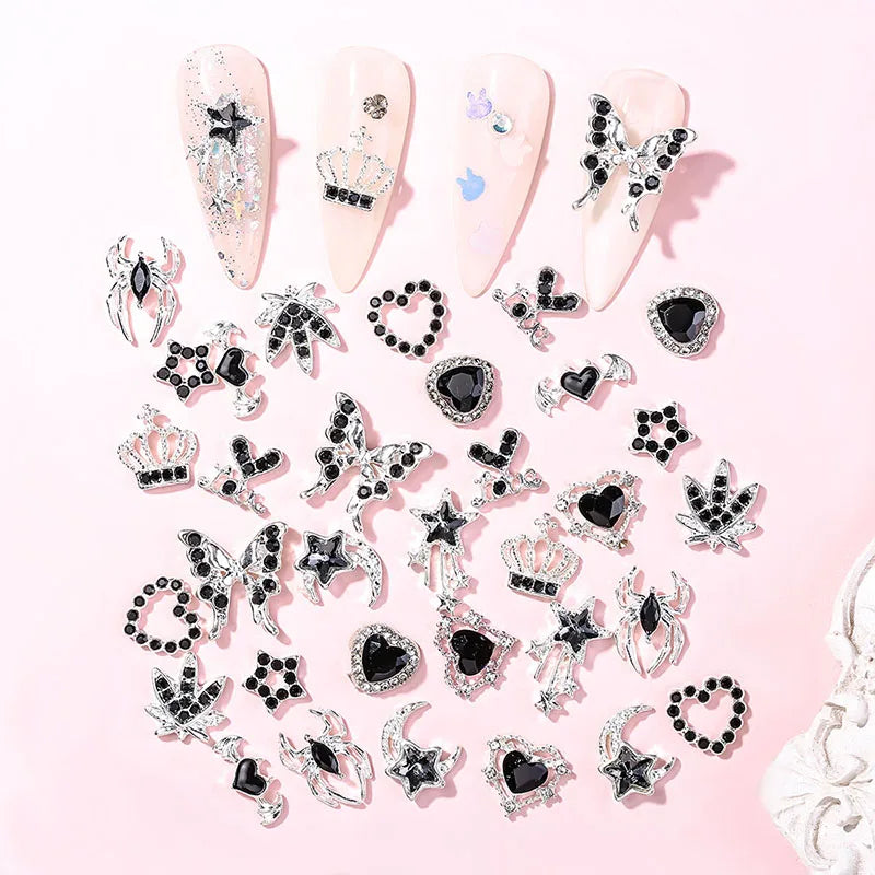 30Pcs Pink Nail Charms Alloy Rhinestones 3D Star Butterfly Heart Cross Gem Nails Crystal Diamond Nail Art Decoration Accessories