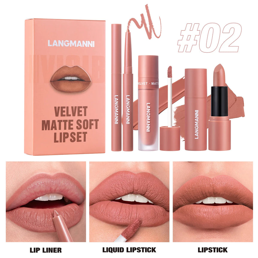 3pcs/Set Long Lasting Waterproof Lip Makeup Kit - Soft Smooth Creamy Lipliner Lipstick & Liquid Velvet Lipstick Set