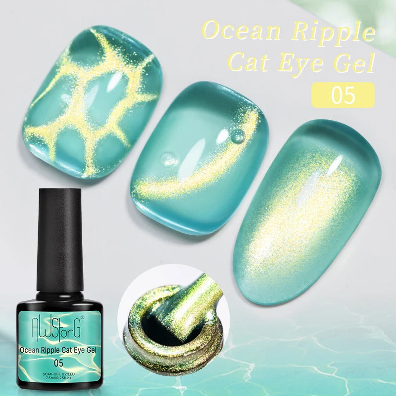 AWStorG 1-6pcs 7.5ml  Ocean Ripple Cat Eye Gel Nail Polish Aurora Flash Blue  Nude Glitter Color Magnet Nail Art Gel Salon Nails