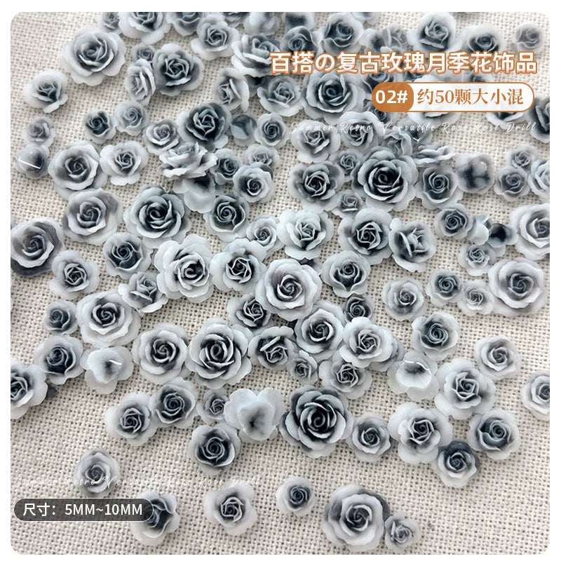 50PCS 3D Mix Sizes Beautiful Blossoming Rose Flowers Resin Adhesive Nail Art Rhinestones Decorations Manicure Kawaii Charms