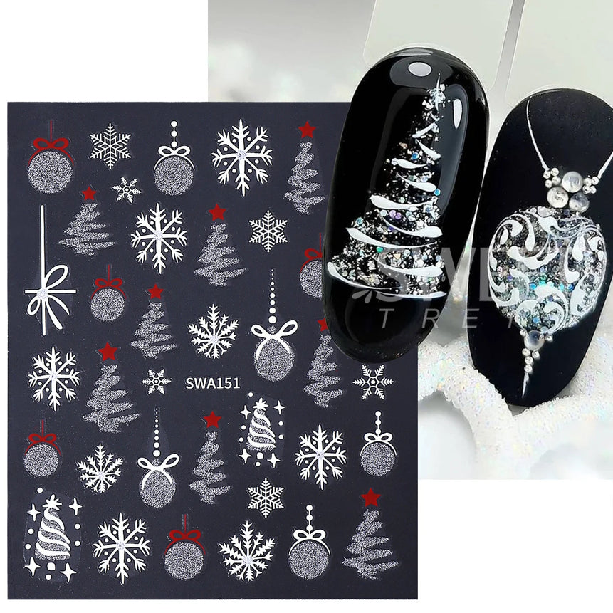 2pcs Sparkle Silver Winter Nail Sticker Geometry Snowflakes Xmas Tree Decorative Balls Adhesive Sliders Christmas Manicure Decal