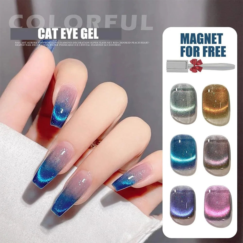 6PCS ASHE Holographic Glitter Neon Cat Eye Gel Nail Polish Set with Free Magnet, Cateye Blue Green Purple Soak Off Gel Polish