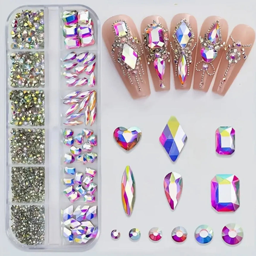 12Grids Pink Mixed Nail Rhinestones Luxury Nail Charms Glitter Crystal Jewelry Gems Nail Art Decoration Manicure Rhinestones