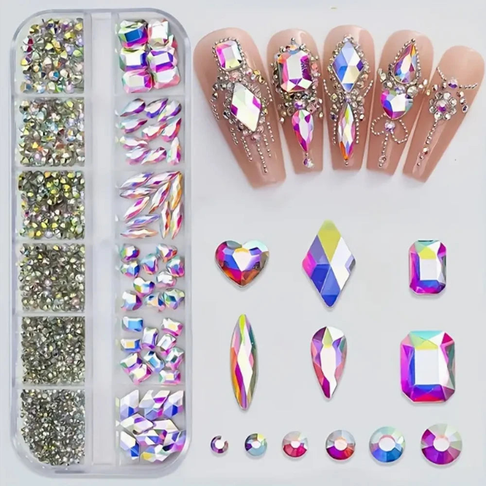 12Grids Pink Mixed Nail Rhinestones Luxury Nail Charms Glitter Crystal Jewelry Gems Nail Art Decoration Manicure Rhinestones