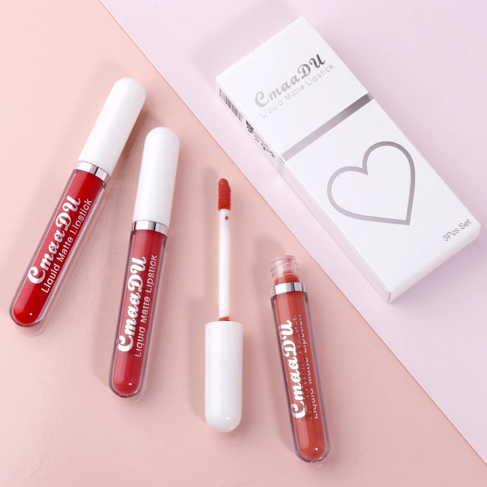 3 Pcs Matte Lipstick Lip Gloss Sets Long-Lasting Non-Fading Waterproof Non-stick Cup Exquisite Gift Everyday Holiday Universal
