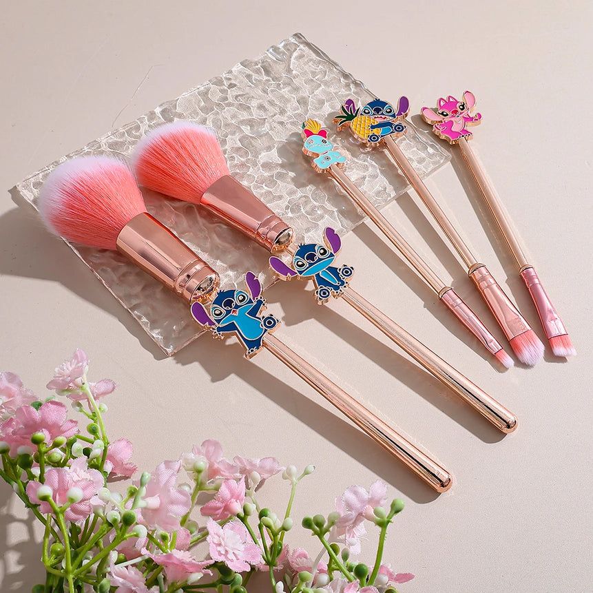 NEW 5PCS Disney Stitch Makeup Brush Set - Soft Fluffy Foundation Blush Cute Cosmetic Tools With Pouch Perfect Christmas Gift