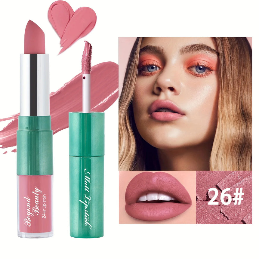 Dual Head Matte Velvety Finish Lipstick, Long Wear High Pigmented Not Sticky Cup Lip Gloss, Lip Stick + Liquid 2 IN 1