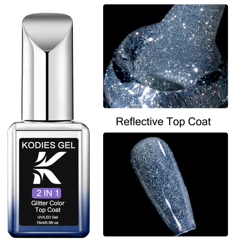 KODIES GEL Diamond Top Coat for Nail Varnish 15ML Super Shine UV Gel Nail Polish Soak Off Semi Permanent Glitter Topcoat No Wipe