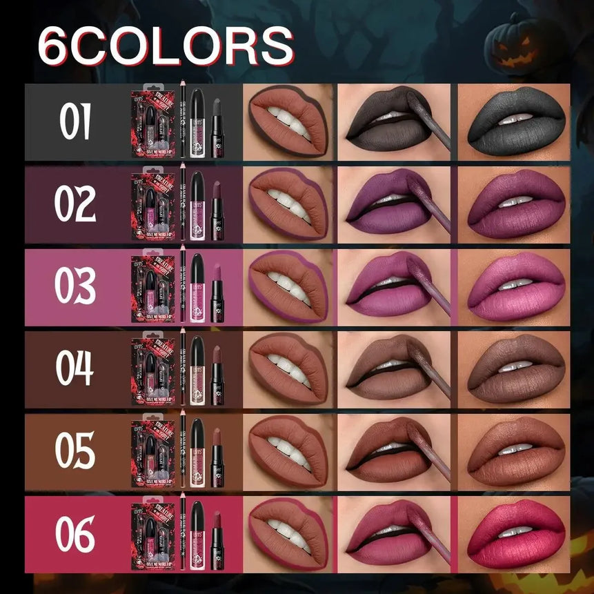 Velvet Matte Lipstick Long Lasting Set Waterproof Lip Gloss Non Transfer High Color Intensity Combo Makeup Liner Halloween
