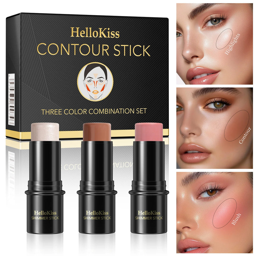 1 Set of 3 Contour Sticks, Highlighter Stick, Blush Stick, 3-Piece Cream Contour Set Including Contour Brush, Creates Facial Contours, Non-Greasy