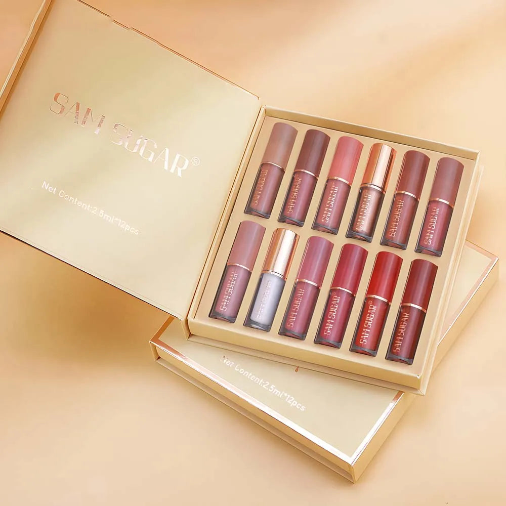 SAM SUGAR 12-Color Lip Gloss Lipstick Set Liquid Matte Velvet Women's Makeup Long-Lasting Waterproof Christmas gift