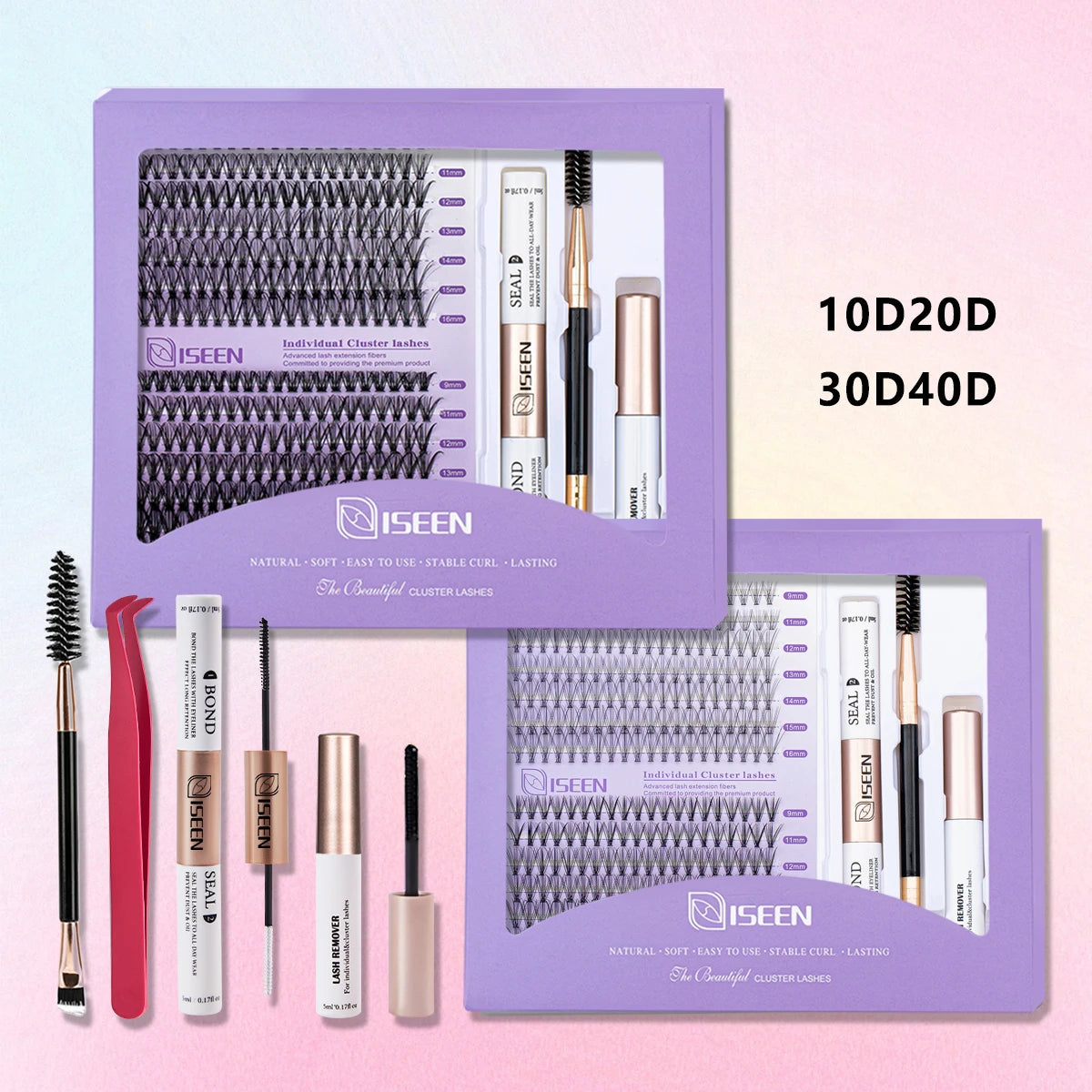 ISEEN DIY Lash Extension Mix Styles Lash Clusters Individual with Bond&Seal Remover Tweezers Lash Brush for Self Application