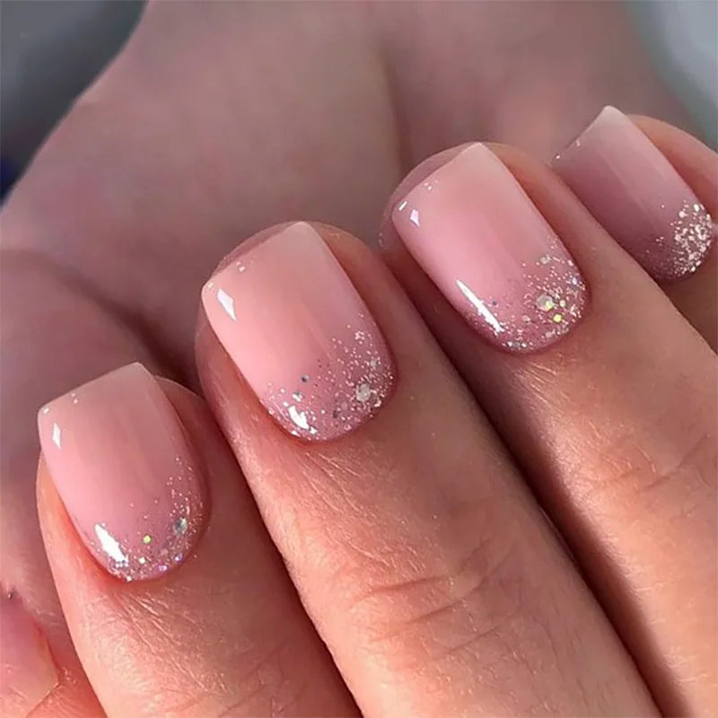 24Pcs Short False Nails with Shimmery Powder Ballet Nail Art Full Cover French Sheer Wearable Nail Manicure Tips for Girls Daily