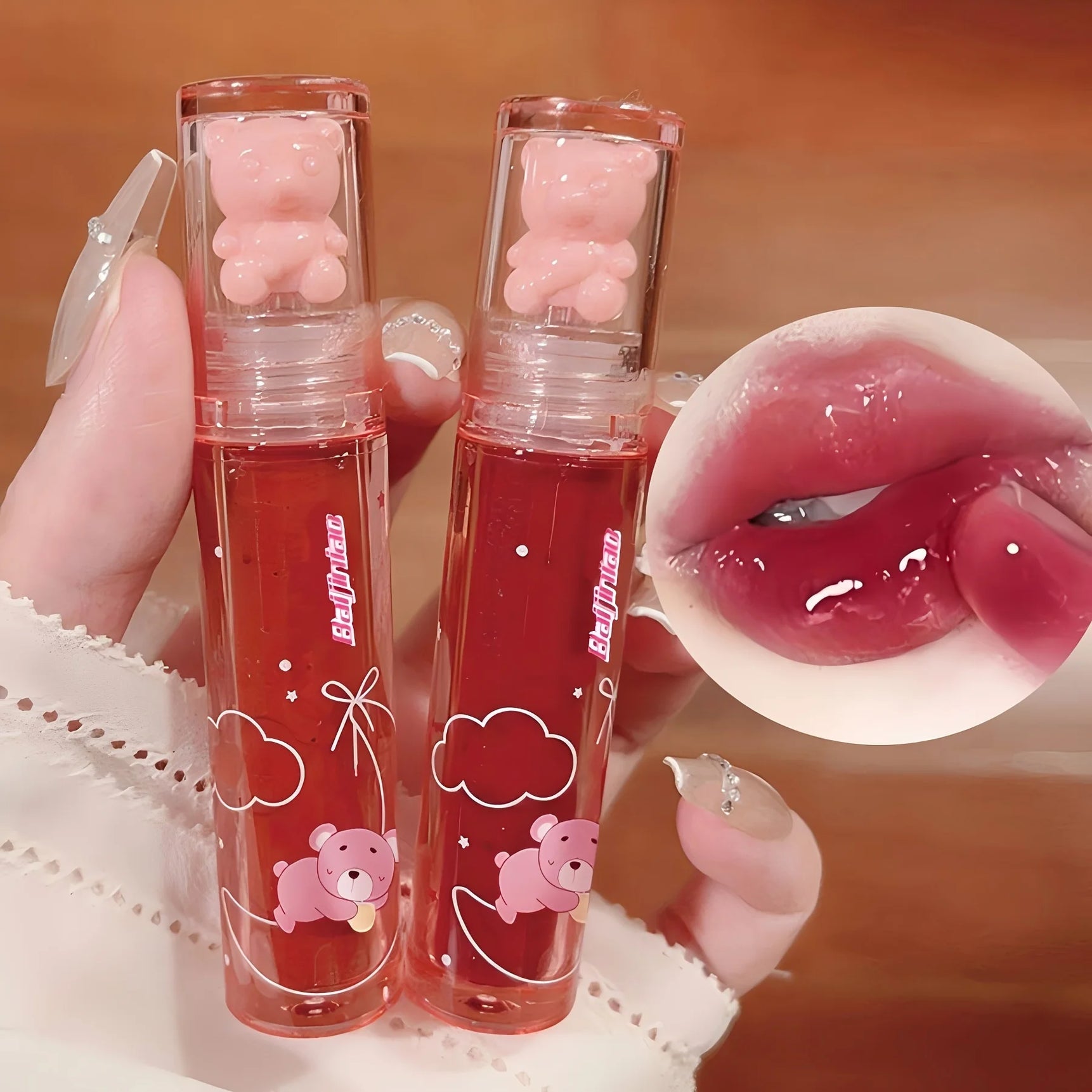 6 color lip glaze, cute little bear, mirror gloss, jelly lips with sparkling light dew water, long-lasting stain resistant trans